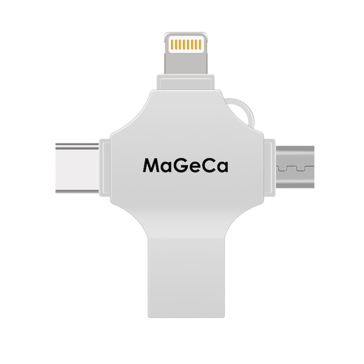 Stick de memorie metalic MaGeCa® 128 GB, Multi port 4 in 1, USB 3.0/ USB Type-C/ Lightning/ Micro-USB, Compatibil iPhone/ Android, 80 MB/s viteza transfer si citire date, Argintiu