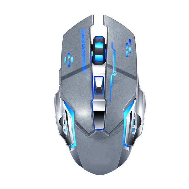 Mouse gaming wireless, Darklove, Reincarcabil USB, 7 culori cu LED-uri, Reglabil 1200/1600/2400,2.4GHZ, 600mAh, 6 Butoane, Mut, Universale, Gri