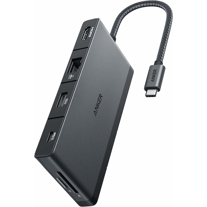Hub Anker 552 USB-C 9-in-1,100W Power Delivery, USB-C, 4K@30Hz HDMI, Ethernet, 2x USB-C, 3x USB-A, microSD, Negru