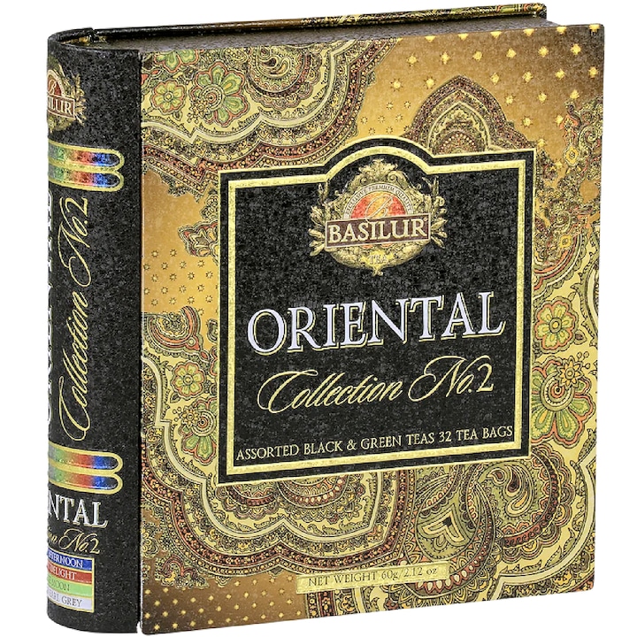 Цейлонски черен/зелен чай асорти, 4 разновидности, "Ориенталска колекция" №2, метална книга, 32 плика, Basilur Tea