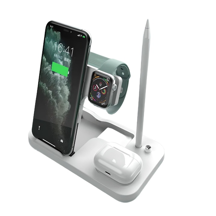 Безжично зарядно устройство, 4 в 1, Fast Charge, Обща мощност 21 W, Съвместимо с iPhone/Samsung/iWatch/AirPods/Apple Pencil 1, Универсален, Бял, Елегантно и практично, Сгъваемо и леко, Защита от прегряване