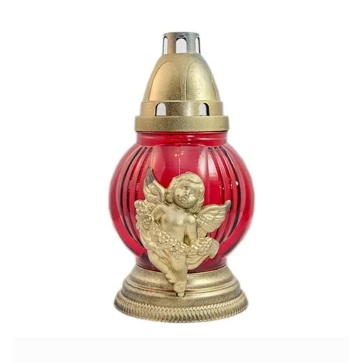 Candela din sticla rosie cu ingeras auriu timp de ardere 20 ore
