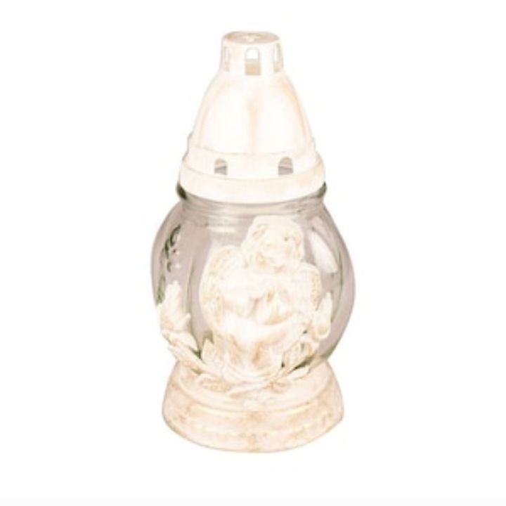 Candela din sticla alba cu ingeras alb timp de ardere 20 ore