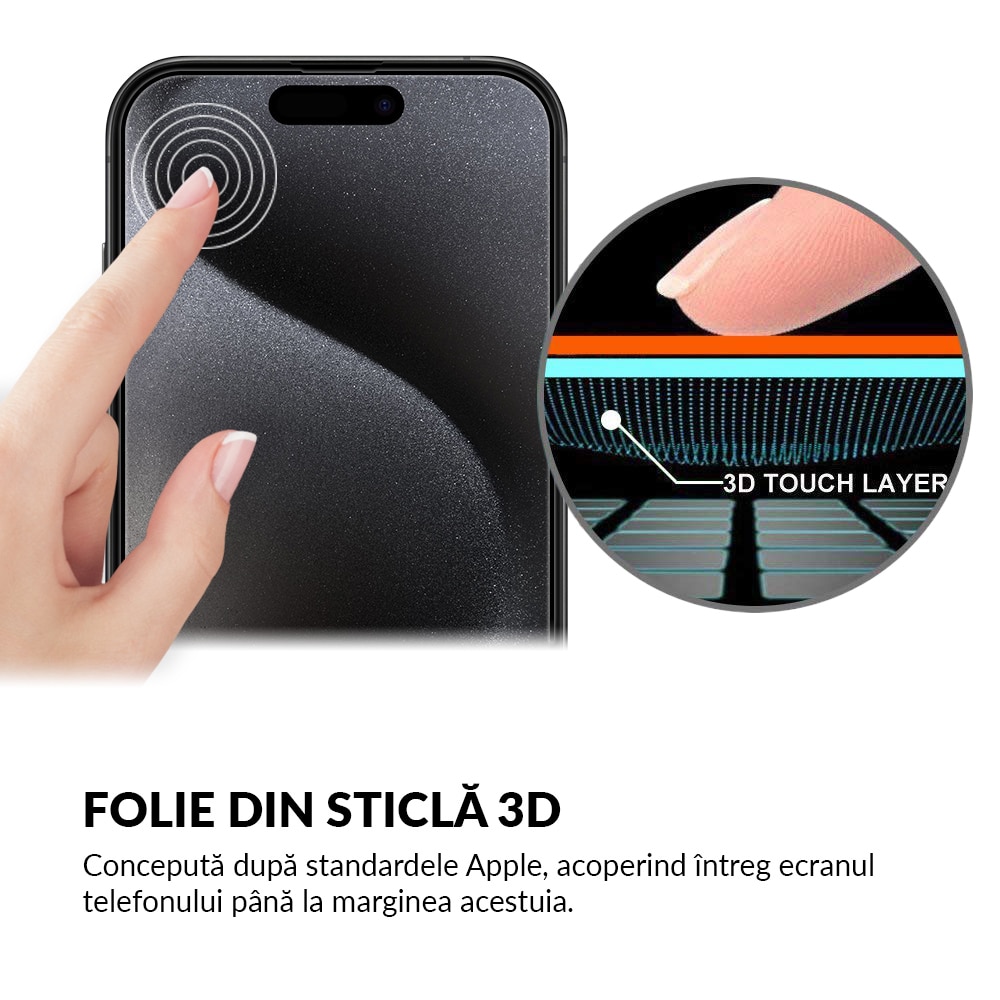 Folie Sticla Dr.Shield, Compatibil Apple iPhone 15 Pro, Protectie Profesionala Ecran 3D, Full Cover- Negru