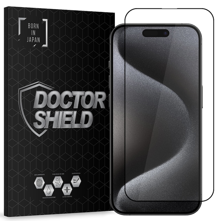 Folie Sticla Dr.Shield, Compatibil Apple iPhone 15 Pro, Protectie Profesionala Ecran 3D, Full Cover- Negru