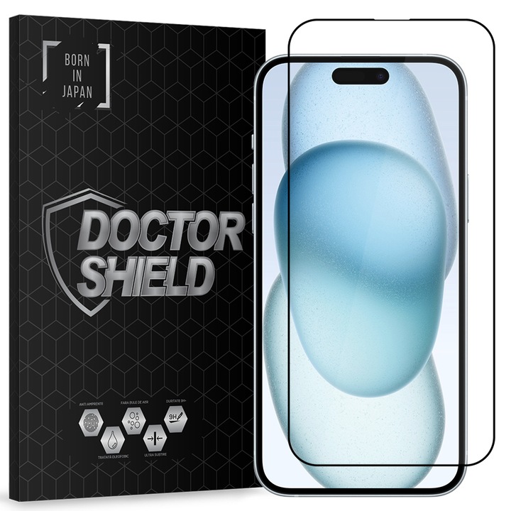 Folie Sticla Dr.Shield, Compatibil Apple iPhone 15 Plus, Protectie Profesionala Ecran 3D, Full Cover- Negru