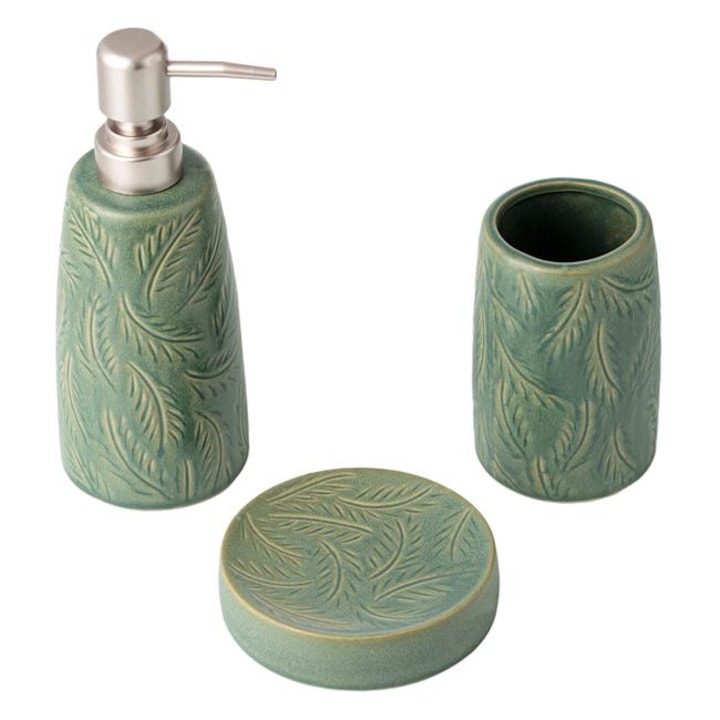 Set 3 accesorii ceramice pentru baie, Verde Menta, Model Frunze
