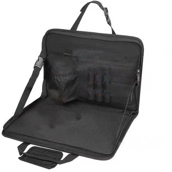 Geanta Laptop, Inaltime reglabila, Impermeabila, Multifunctional, cu suport pentru pahare si geanta de depozitare, 42x30 cm, 15 inch, Stofa Oxford, Vaxiuja, Negru