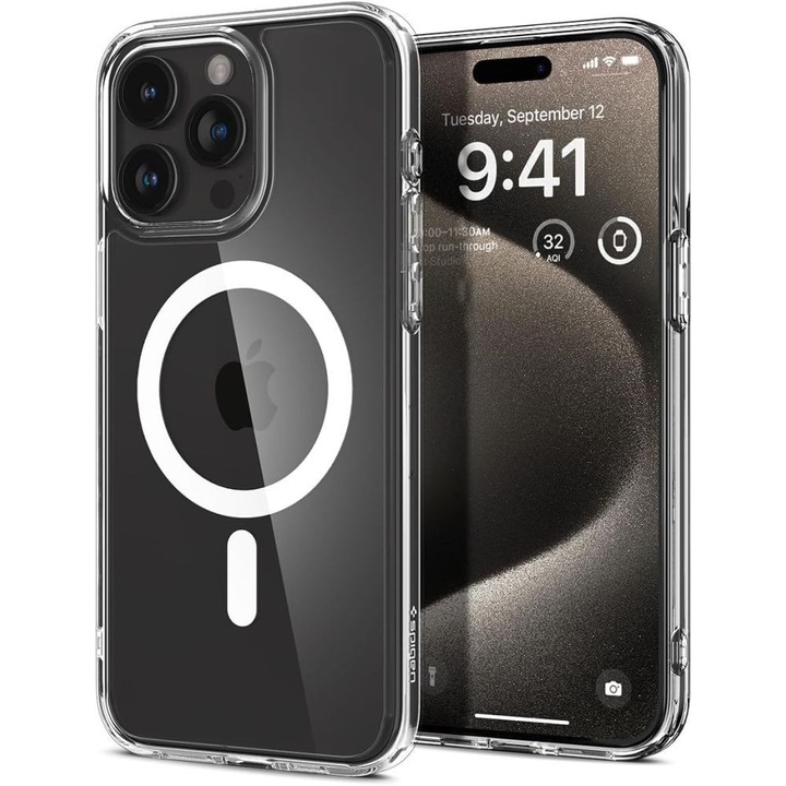 iPhone 15 Pro Max kompatibilis hátlap tok, műanyag hátlap, szilikon keret, Magsafe tok, átlátszó / fehér, Spigen Ultra Hybrid Mag