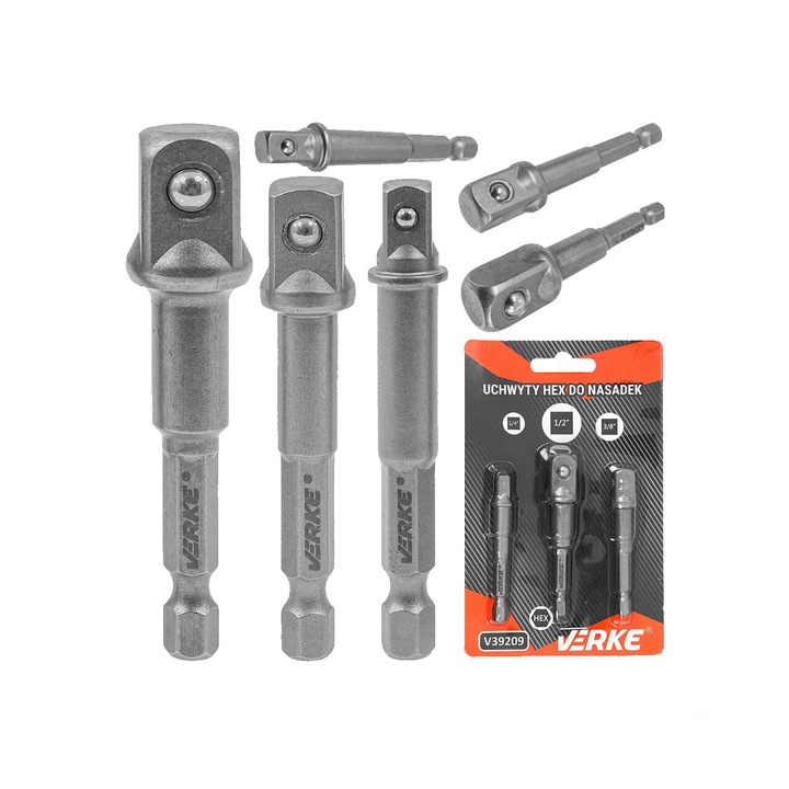 Set 3 adaptoare hexagonale pentru chei tubulare, 1/4", 3/8", 1/2", Verke