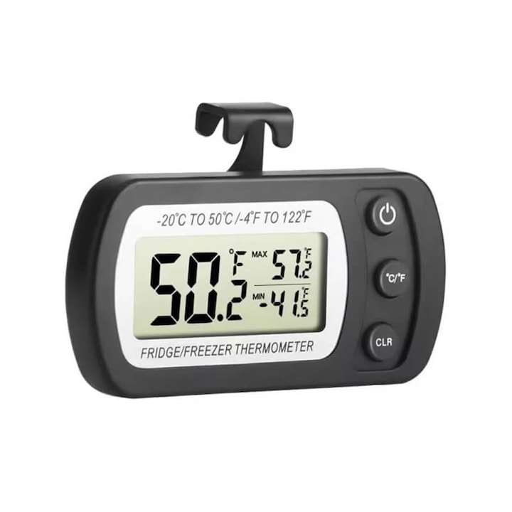 Termometru pentru frigider Edman, LCD, cu carlig, inregistrari de temperatura minima si maxima, rezistent la apa, Negru