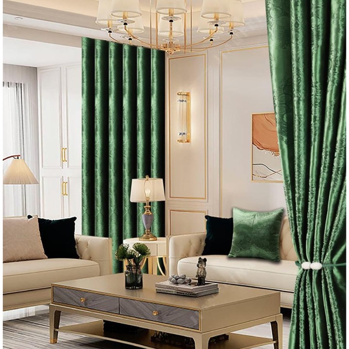 Draperie cu inele, dimensiune 150 x 245 cm, fata de perna 40 x 40 cm, Catifea, model Elegant, Verde