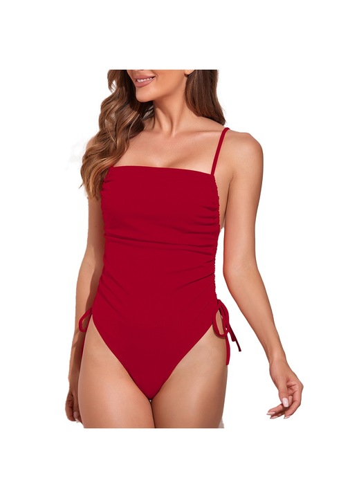 Női egyrészes fürdőruha, Jormftte, oldalsó fűzővel, négyzet alakú dekoltázzsal, piros, elasztikus anyag