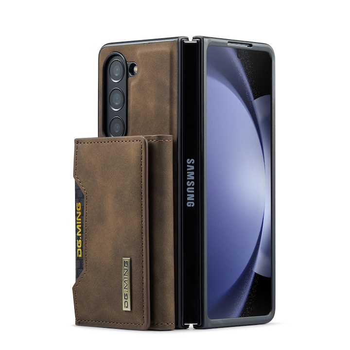 Husa pentru Samsung Galaxy Z Fold5 piele cu textura fina, back cover, portofel detasabil cu buzunare pentru bancnote si carduri, functie stand, CaseMe, Maro coffee