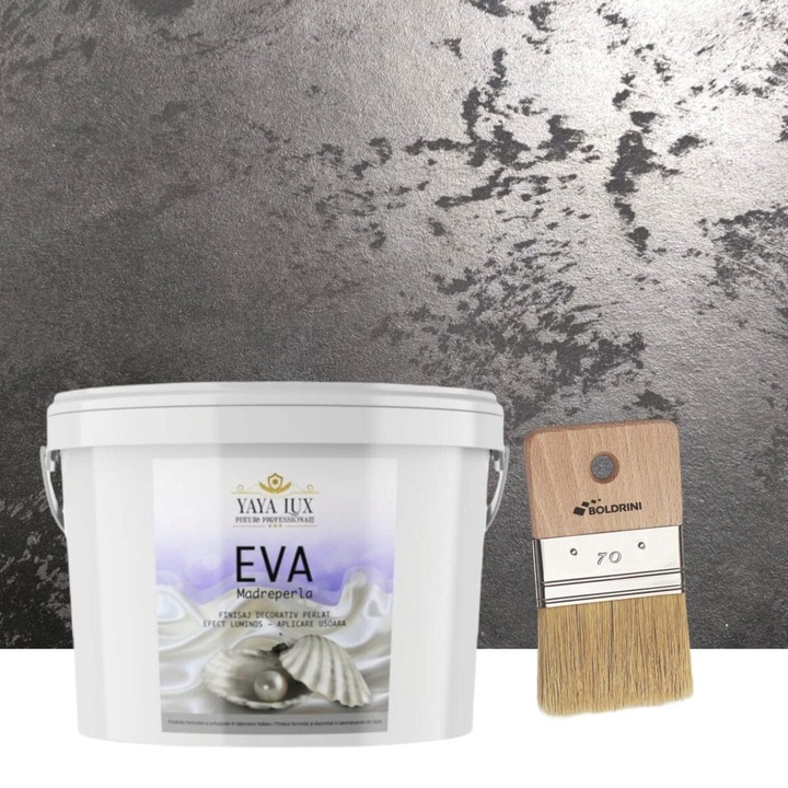 Set vopsea decorativa Eva Madreperla Negru, cu Fulgi de Sticla, 2.5 L si Pensula, 70 mm, YaYa Color