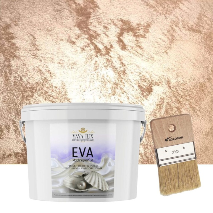 Set vopsea decorativa Eva Madreperla Caramel, cu Fulgi de Sticla, 2.5 L si Pensula, 70 mm, YaYa Color