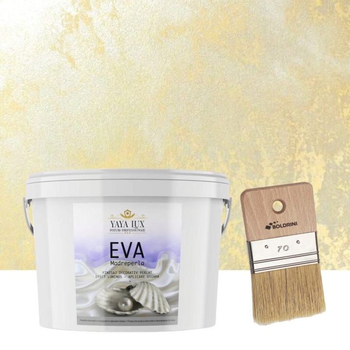 Set vopsea decorativa Eva Madreperla Crem, cu Fulgi de Sticla, 2.5 L si Pensula, 70 mm, YaYa Color