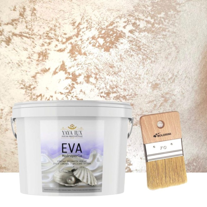 Set vopsea decorativa Eva Madreperla Cafea cu Lapte, cu Fulgi de Sticla, 2.5 L si Pensula, 70 mm, YaYa Color