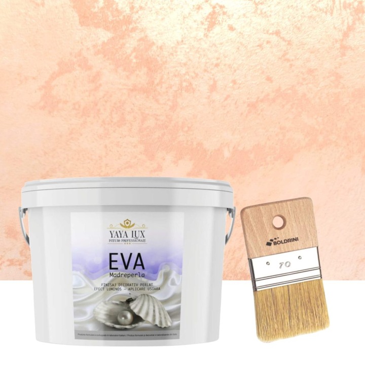 Set vopsea decorativa Eva Madreperla Piersica, cu Fulgi de Sticla, 2.5 L si Pensula, 70 mm, YaYa Color