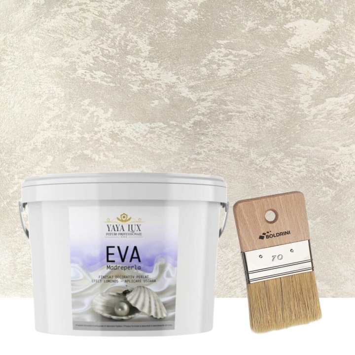 Set vopsea decorativa Eva Madreperla Bej Deschis, cu Fulgi de Sticla, 2.5 L si Pensula, 70 mm, YaYa Color