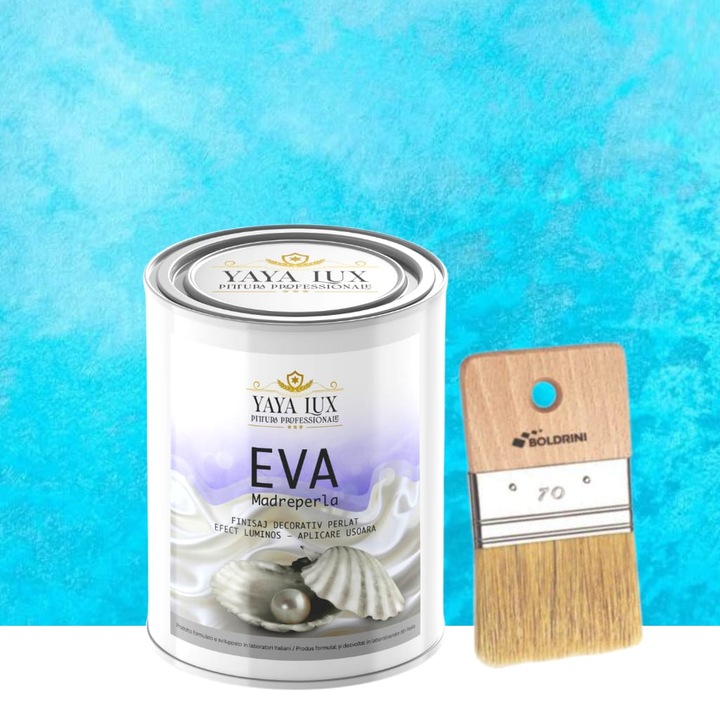 Set vopsea decorativa Eva Madreperla Azur, cu Fulgi de Sticla, 2.5 L si Pensula, 70 mm, YaYa Color