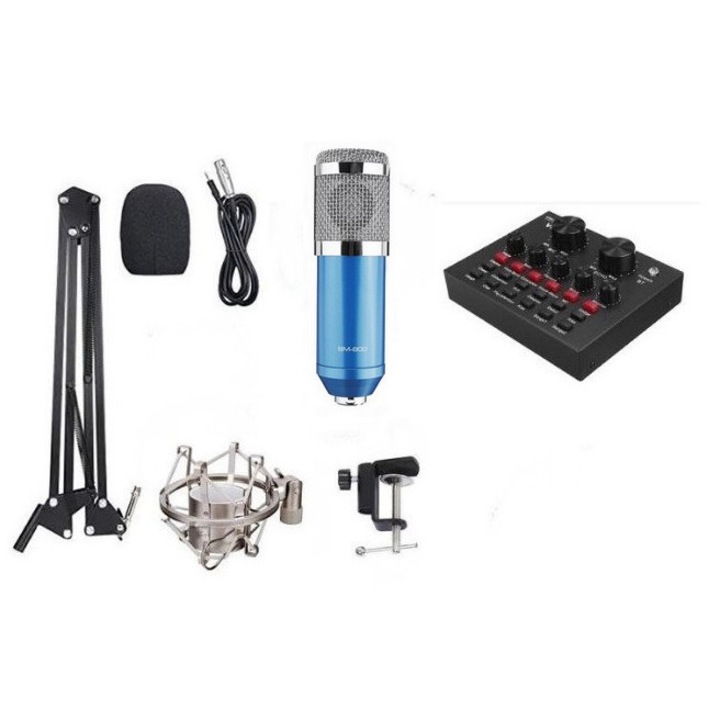 Set Microfon Condenser Placa De Sunet Cu Bluetooth Mixer Suport Metalic Albastru
