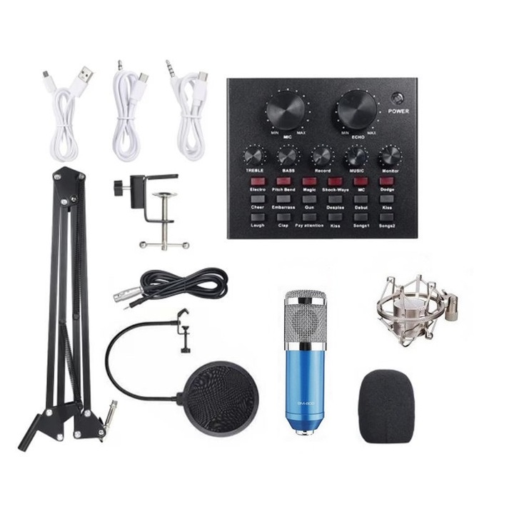 Set Microfon Condenser BM 800 Albastru Cu Placa De Sunet Mixer Suport Metalic Si Pop Filtre
