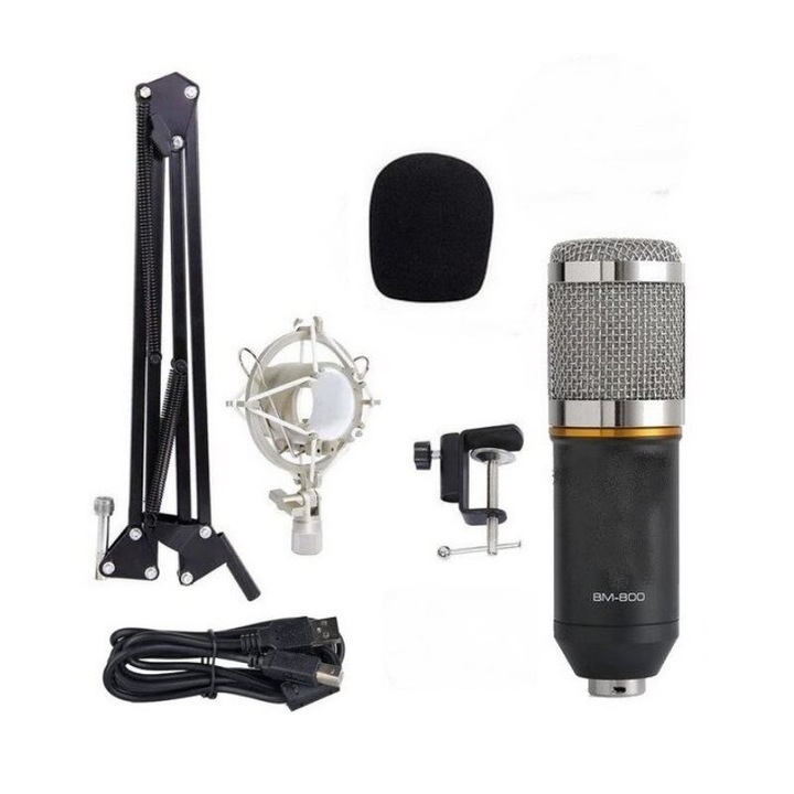 Set Microfon Condenser BM 800 Negru Suport Microfon Pantografic Ajustabil Prindere De Masa 800mm