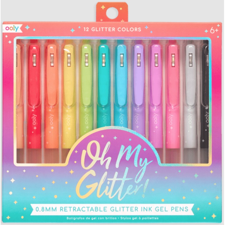 Комплект от 12 броя гел и блясък химикалки - Oh My Glitter!, С копче, Многоцветни