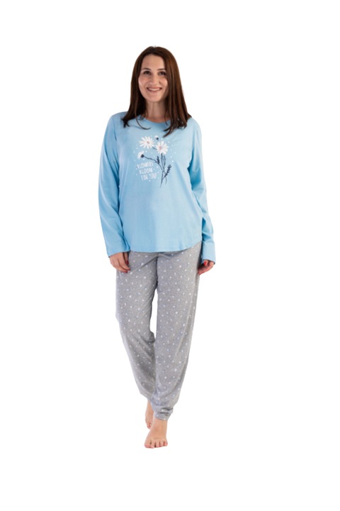Pijama dama Vienetta, bumbac, confortabila si moale pantalon gri, Albastru/Gri