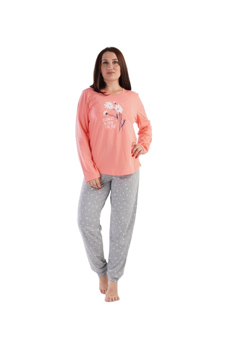 Pijama dama Vienetta, bumbac, confortabila si moale pantalon gri, Roz/Gri