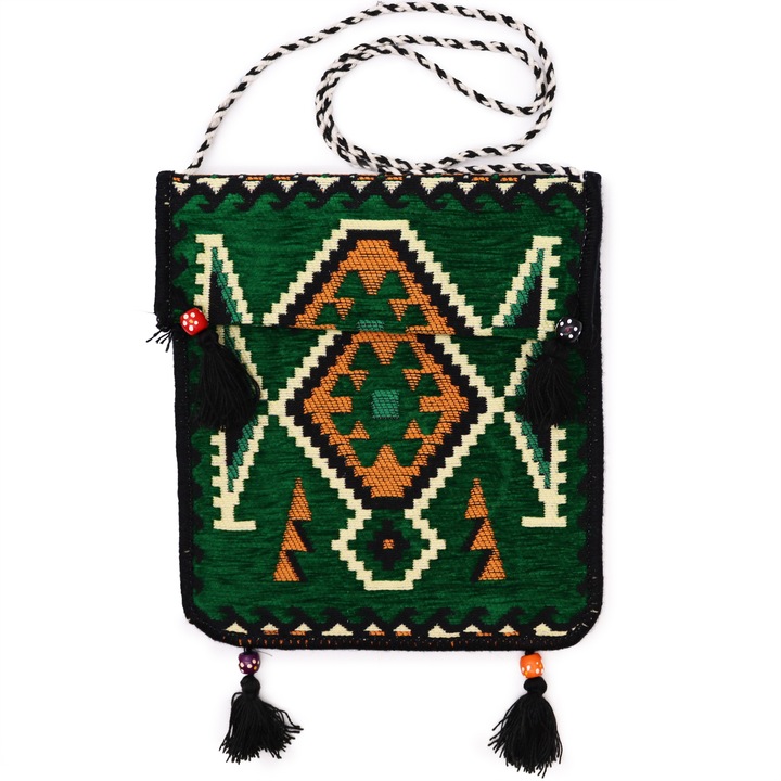 Geanta Kilim Messenger Verde Smarald, Model Contemporan 35 x 30 cm
