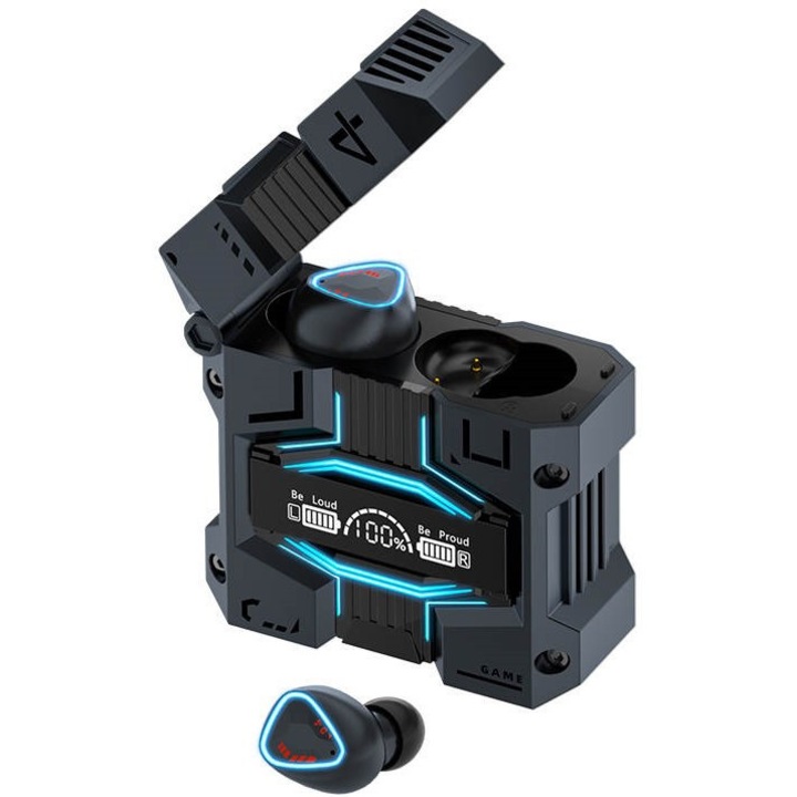 Casti Wireless DAMIX M45, Afisaj Digital, Noise Cancelling, Lumini LED, Touch Control, Rezistenta la apa IPX-5, HD Voice, Bluetooth 5.3, Negru