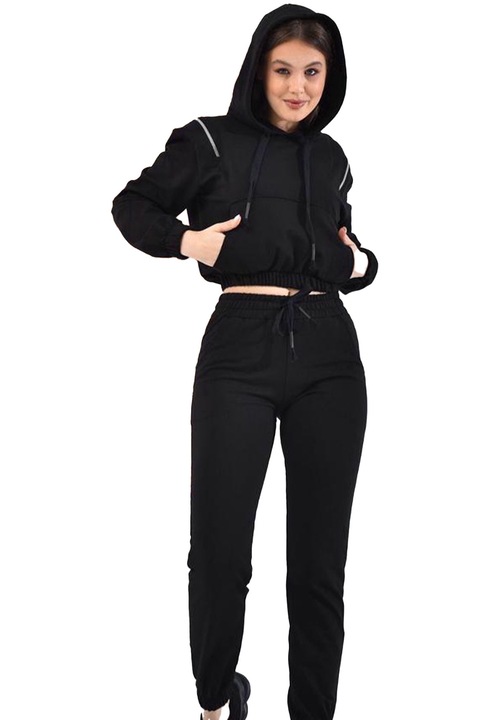 Compleu sport dama, Zheya, pantaloni si bluza cu gluga si fermoar decorativ, Negru