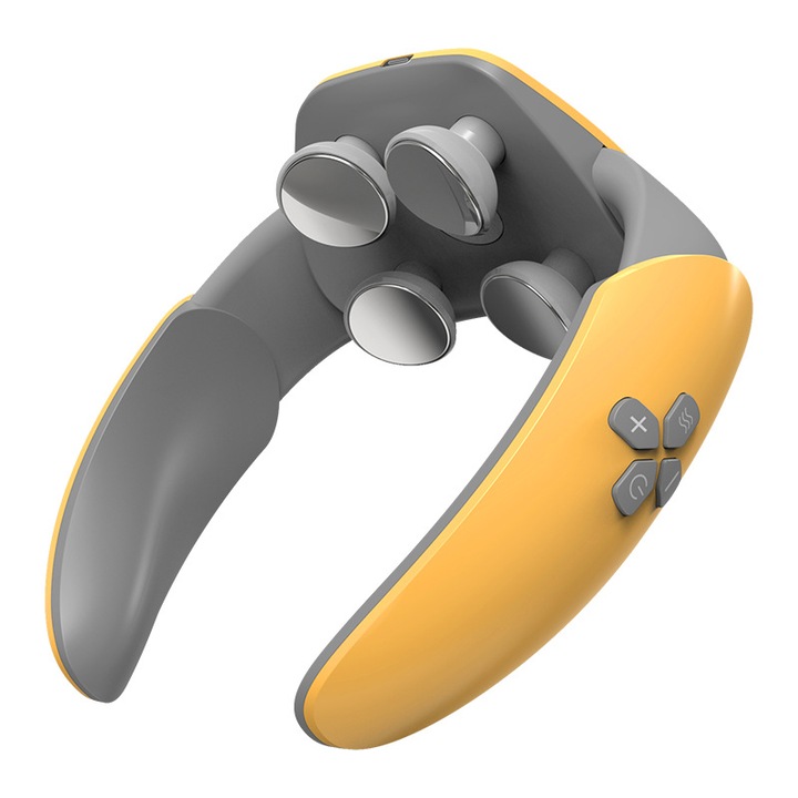 Nyakmasszázs készülék, TENS elektromágneses impulzus, 6 üzemmód, 7 intenzitási fokozat, vibrációs és fűtési funkció, 4 elektróda, állítható intenzitás, USB, sárga