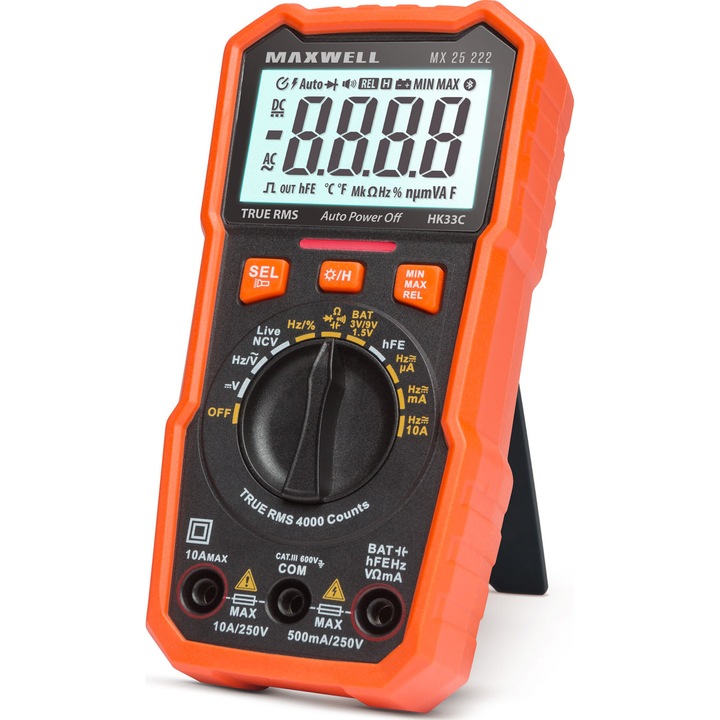 Maxwell MX 25222 digitális multiméter, feszültségérzékelés kábelszakadás nélkül, akkumulátor/dióda teszterrel, tranzisztorral, munkafény funkcióval, NCV érzékelés, fény- és hangjelzés, 0,1 mV - 600 V