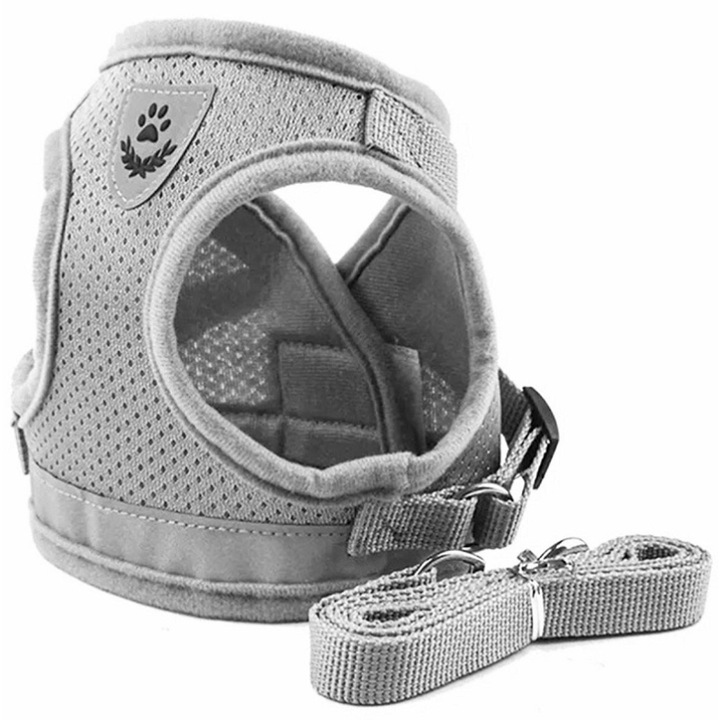 Нагръдник с повод 1,2 м за кучета и котки, размер S, Gonga® Grey