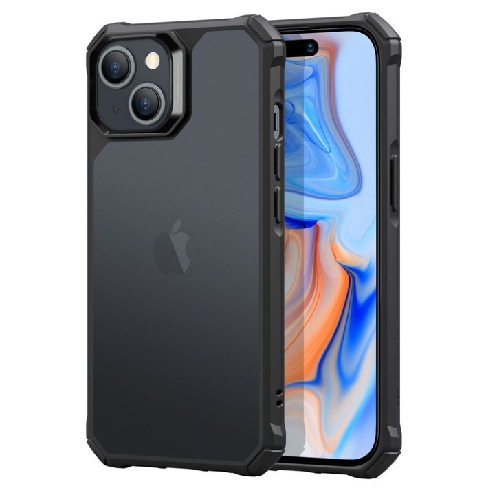 Husa de protectie Anti-soc pentru Apple iPhone 15 Pro, Policarbonat, Acrylic Back, Military Grade, Optim Solution, Frosted Black