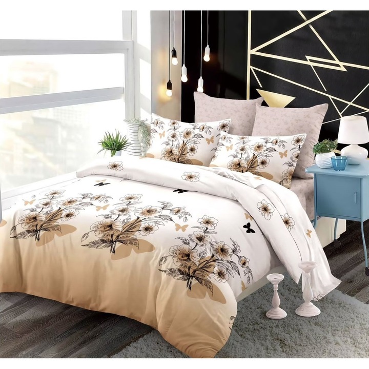 Спално бельо с ластик, Фина материя, дебело, за 2 човека, 6 части, Светло кафяво, щампа на цветя, Fresh Home54