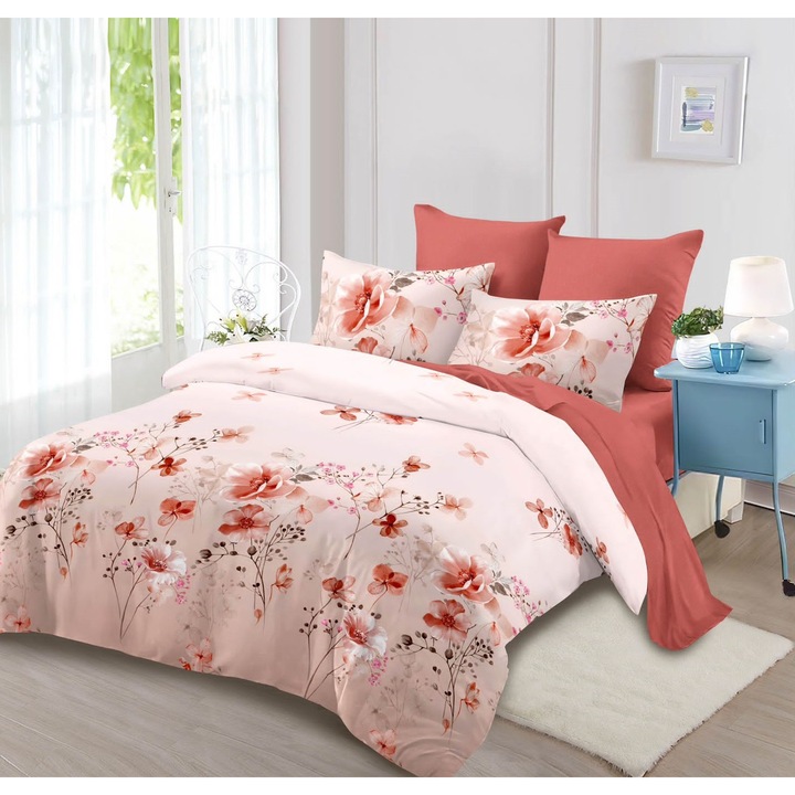 Фино дебело спално бельо с ластик, легло за 2 човека, 6 части, розово/червено, щампа на цветя, Fresh Home56
