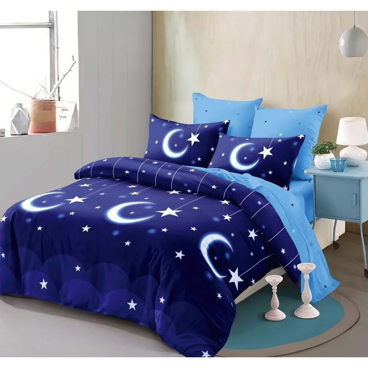 Фино дебело спално бельо с ластик, Легло за 2 човека, 6 части, Тъмно/светло синьо, Fresh Home58