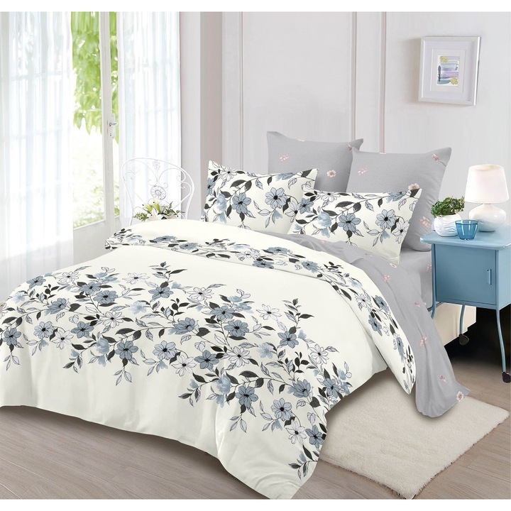 Фино дебело спално бельо с ластик, Легло за 2 човека, 6 части, Бяло/Сиво, Fresh Home62