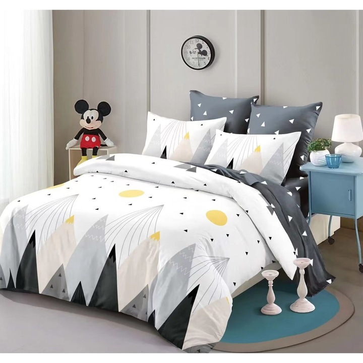 Спално бельо, Легло за 2 човека, 6 части, Бяло/Черно, Планински принт, Fresh Home66