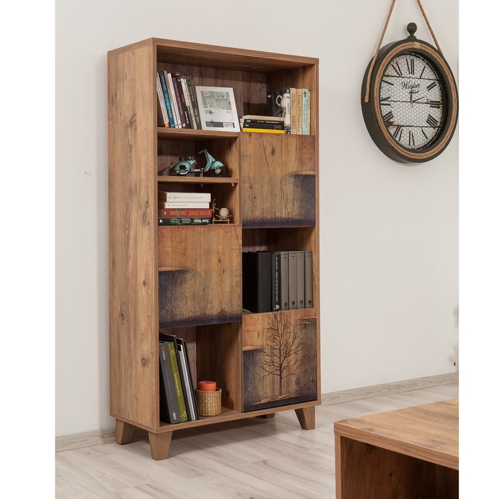 Етажерка за книги, тъмносиня, естествена, 80 x 36 x 155 см
