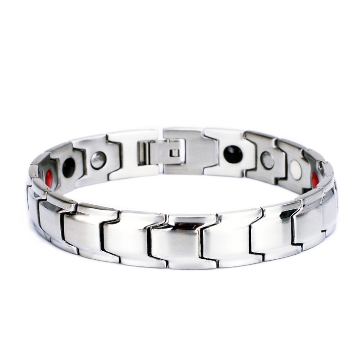 Bratara inox argintie cu magneti, turmalina, germaniu si ioni negativi, BeSpecial, BLA025, 21,5 cm
