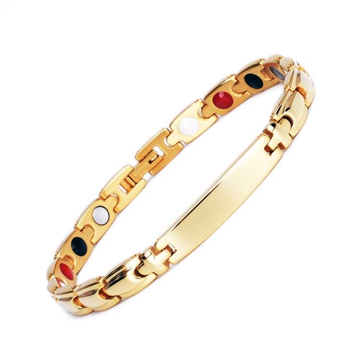 Bratara inox aurie cu magneti, turmalina, germaniu si ioni negativi, BeSpecial, BLA029, 19,5 cm