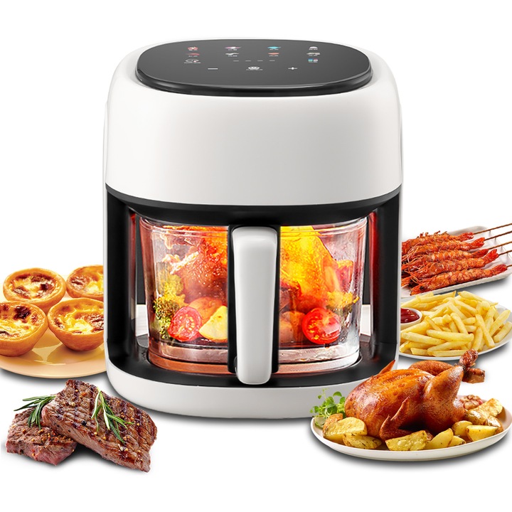 Фритюрник с горещ въздух XINXU Smart Air Fryer, 1350W, капацитет 4.5L, 10 програми, регулируемо време и температура, 360° изглед, готвене без масло, бял