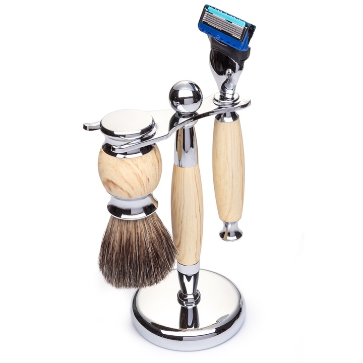 Set barber Yoshimoto Elegance Is My Code, cu aparat de ras, pamatuf barbierit, si suport