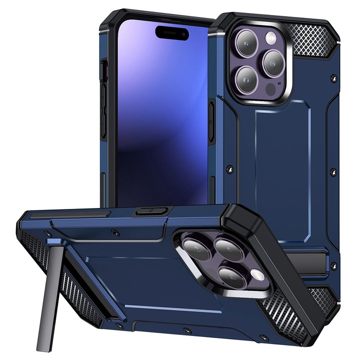 Husa Armor pentru Apple iPhone 15 Pro, Hybrid Structure, Kickstand, Rugged Durable Case, Albastru