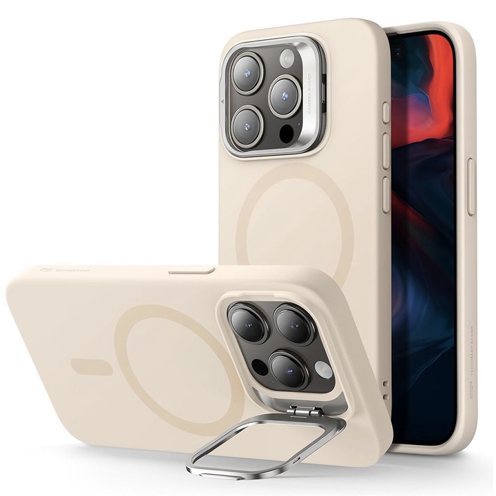 MagSafe védőtok Apple iPhone 15 Pro Max készülékhez, polikarbonát, Soft Feeling, kitámasztó, TPU, ultra biztonságos kamera, Optim Solution, Nude